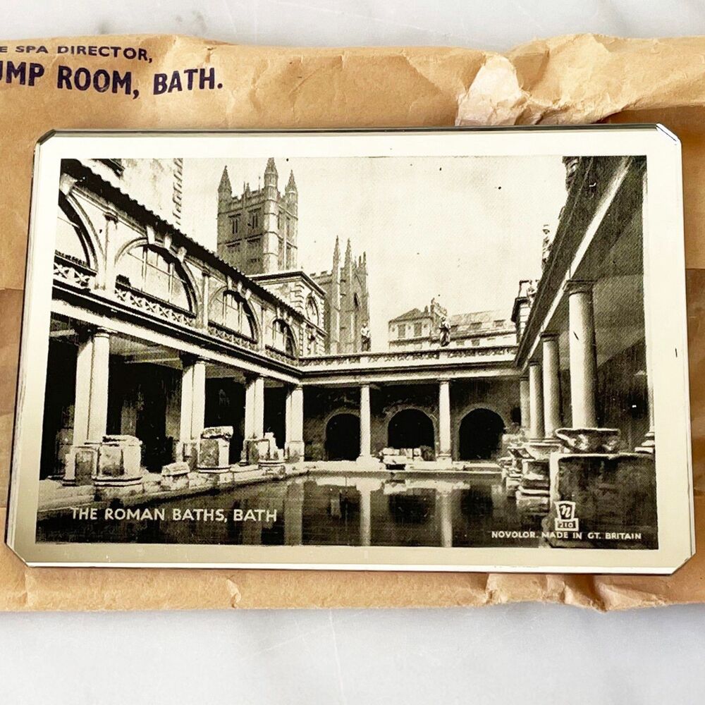 Vintage Novolor Roman Baths Bath England Souvenir Mirror Original Sleeve 3.5"